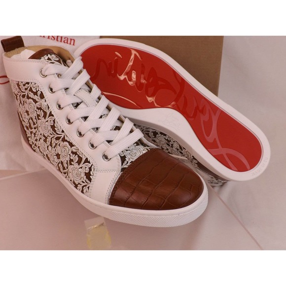 NIB LOUBOUTIN BIP BIP LASER FLORALS TAN CROC PRINT LEATHER HI TOP SNEAKERS 38.5 - Picture 8 of 12